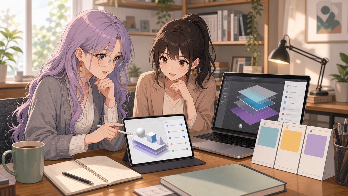 Figma 3D transformsの使いどころを二人のデザイナーが相談するアニメ画像