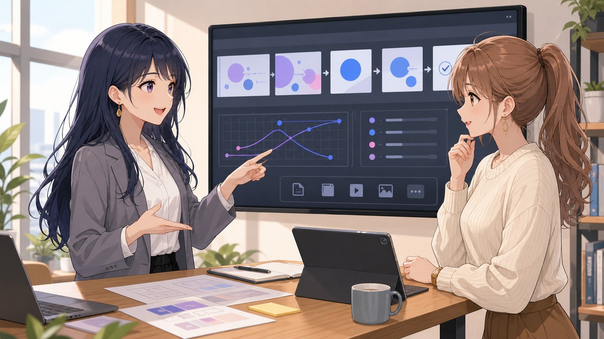 Figma Motion アニメーションの画面遷移とタイミングを二人の女性デザイナーが相談するアニメ調画像