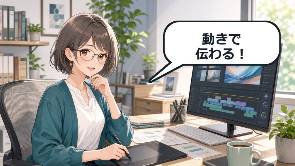 Figma Motion アニメーションで動きを設計する女性デザイナーのアニメ調アイキャッチ画像