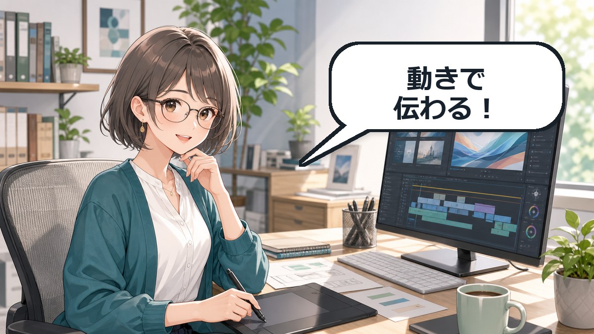 Figma Motion アニメーションで動きを設計する女性デザイナーのアニメ調アイキャッチ画像