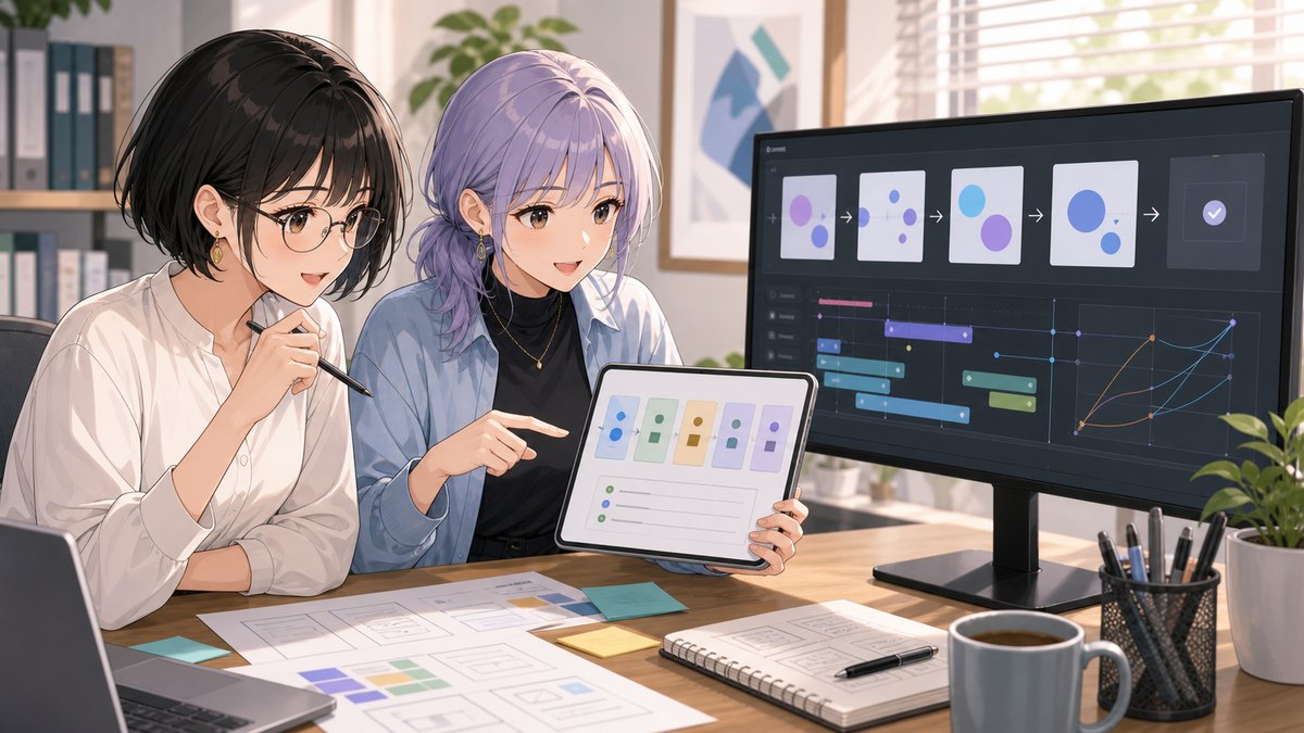Figma Motionの書き出し後に開発者へ渡す情報を二人の女性デザイナーが確認するアニメ画像