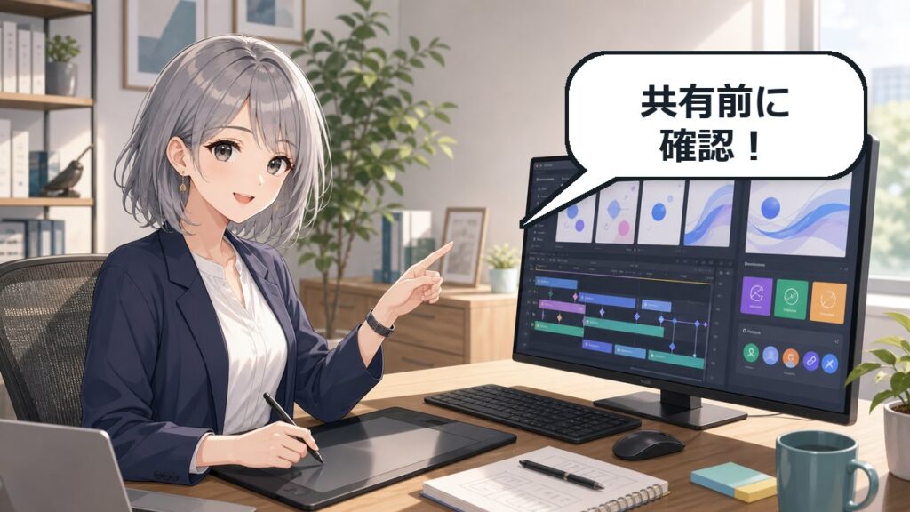 Figma Motionの書き出しと共有前チェックを説明するアニメ女性のアイキャッチ画像