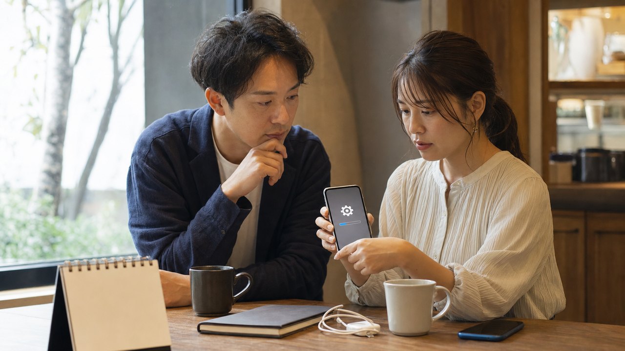 Siri AIのベータ版を入れる前にスマートフォンの更新を確認する二人