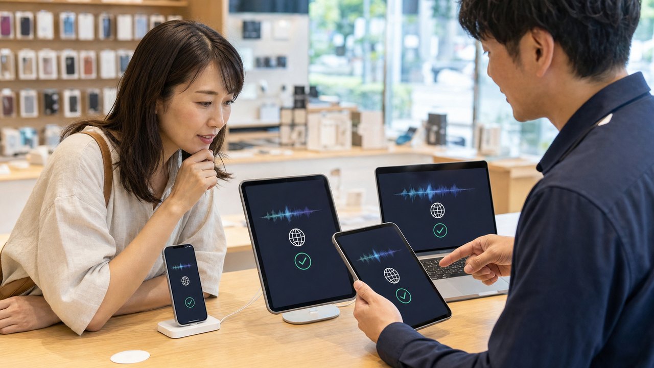 Siri AIを使えるスマートフォンとタブレットとパソコンを確認する場面
