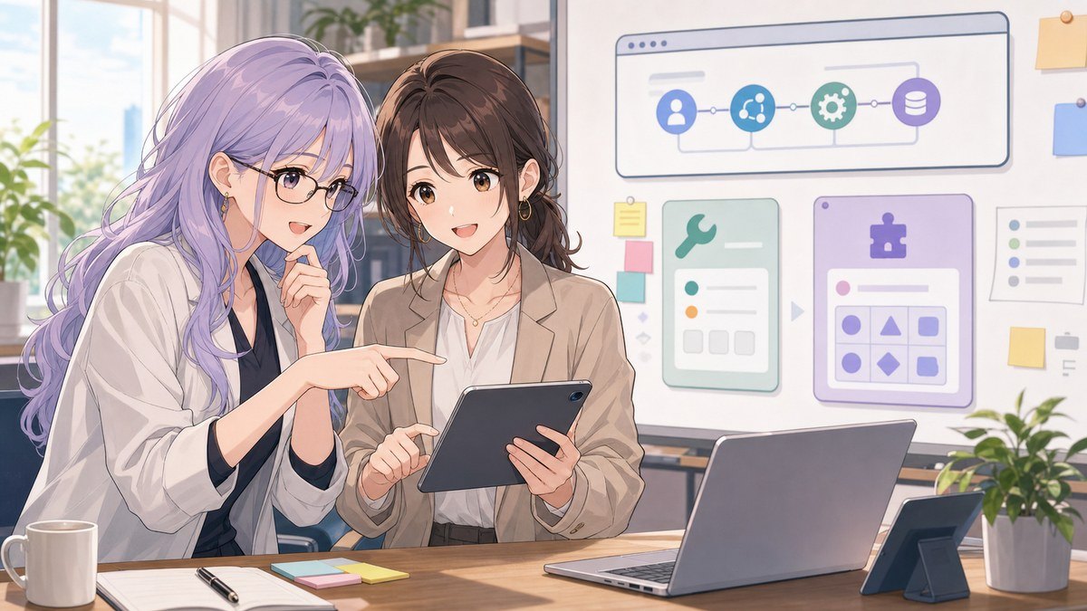 WebMCPとMCPの違いやAIエージェント連携を二人の女性が確認するアニメ画像