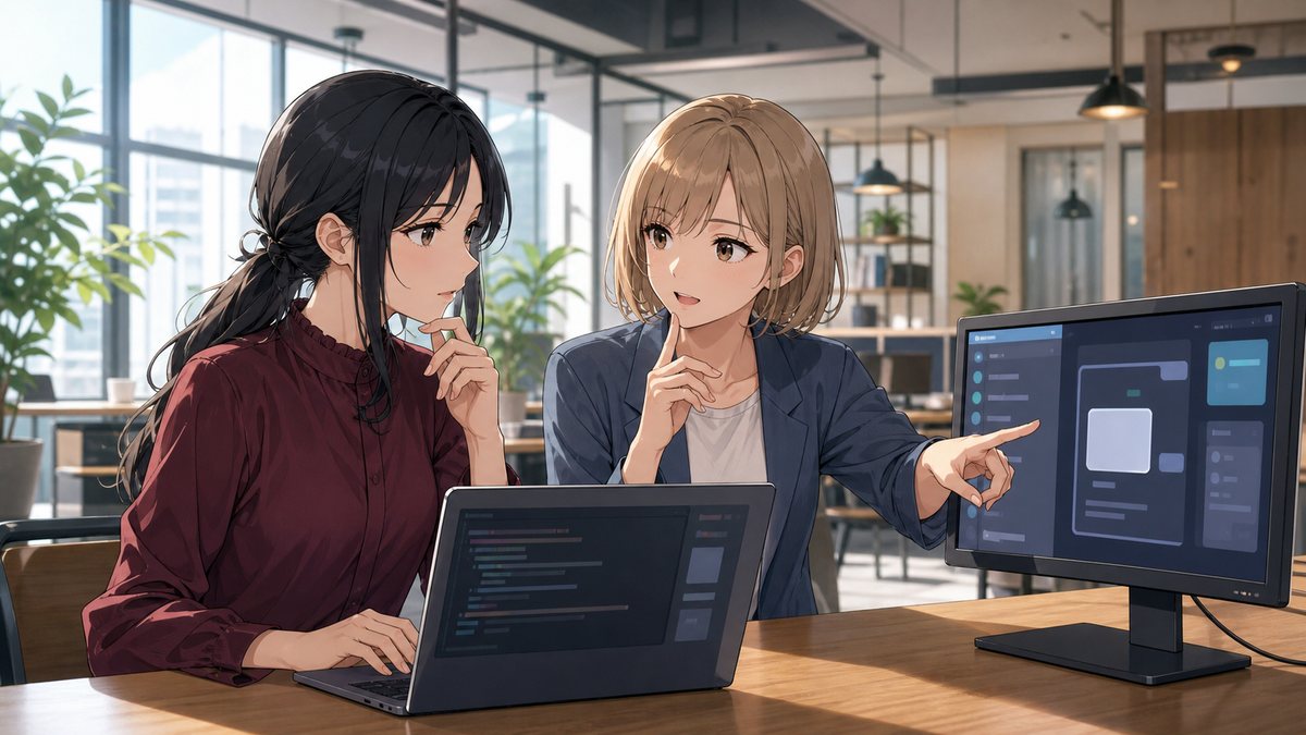 Claude CodeのCLIとデスクトップ版の違いを相談する2人の女性