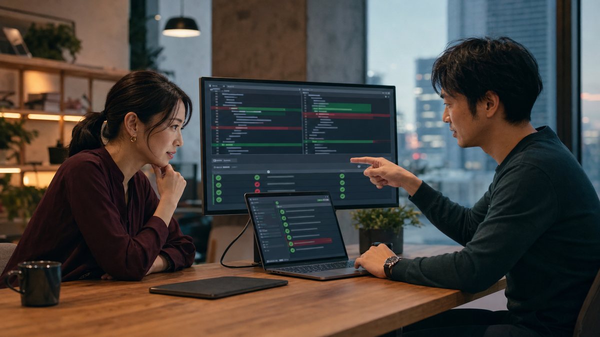 Claude Codeが行った変更の差分とテストをチームで確認する場面