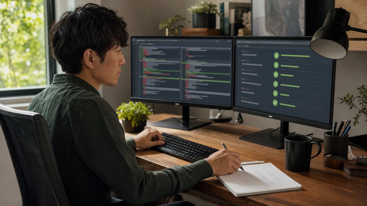 Codexが変更したコードの差分とテスト結果を確認する作業机