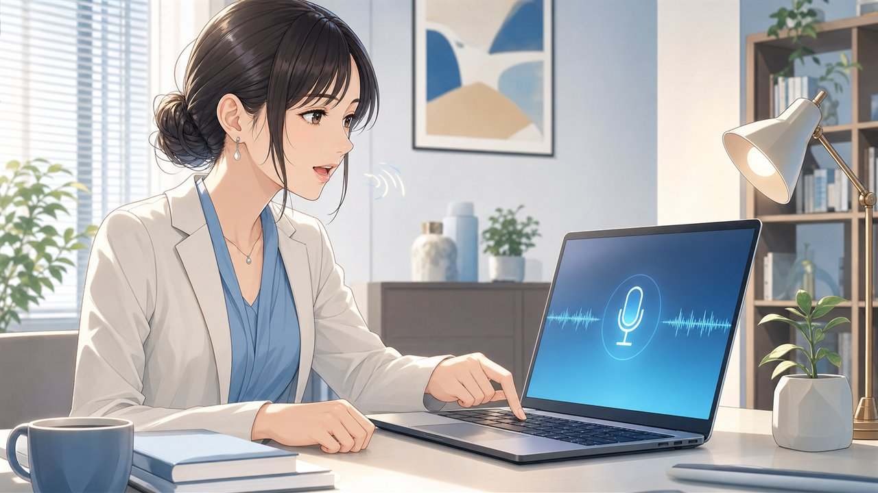 MacのFnキーを長押ししてGeminiへ音声入力する女性