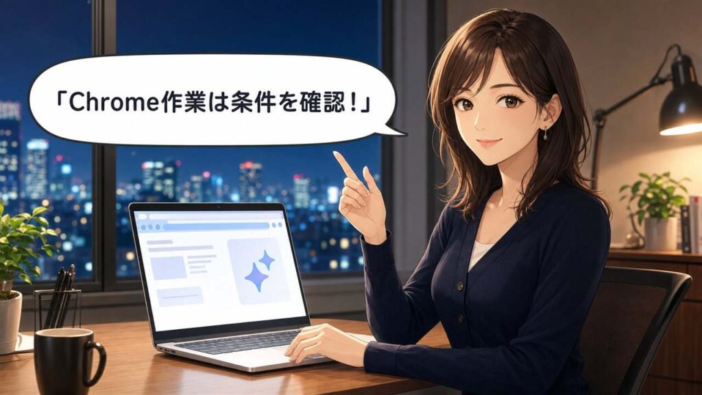 ノートパソコンのChromeでGemini Sparkの利用条件を確認する女性