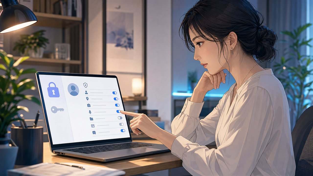 Gemini Sparkへ渡すサイト権限を慎重に選ぶ女性
