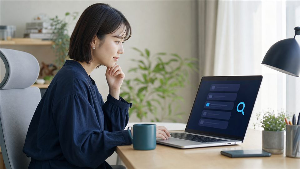 パソコンでChatGPTの過去チャットを検索する日本人女性