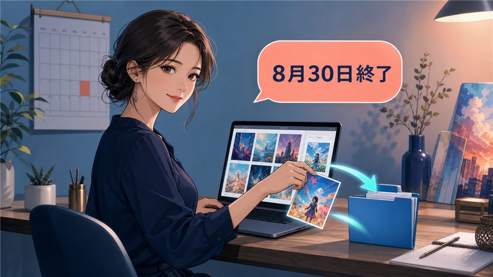 DALL-E GPTの終了前に画像保存を案内するアニメ女性