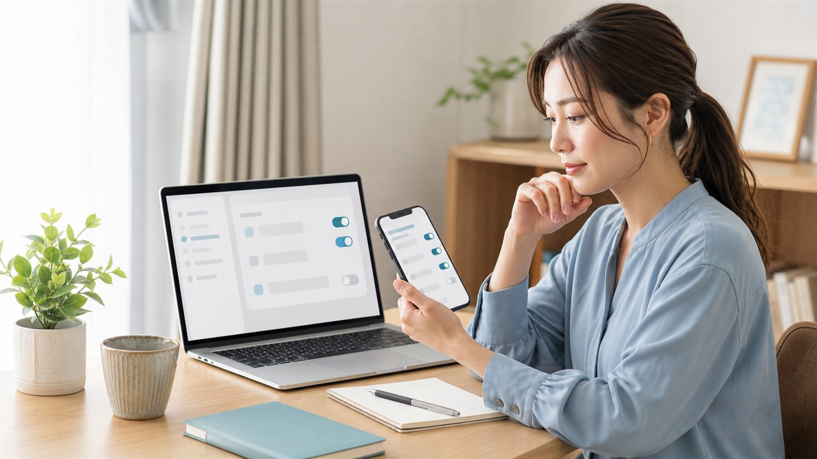 ノートパソコンとスマートフォンでChatGPTのカスタム指示設定を確認する日本人女性