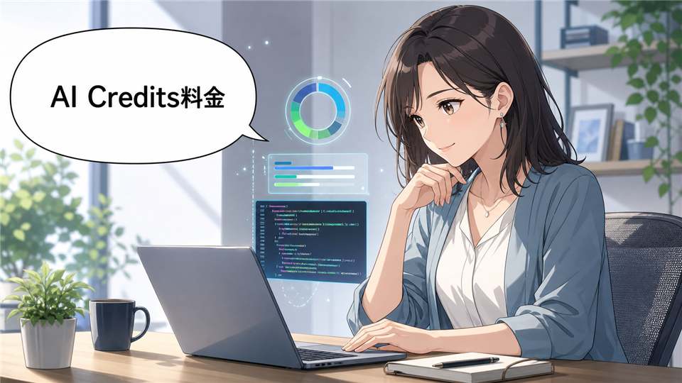 CopilotのAI Credits料金と利用残量を確認する日本人女性のアイキャッチ画像