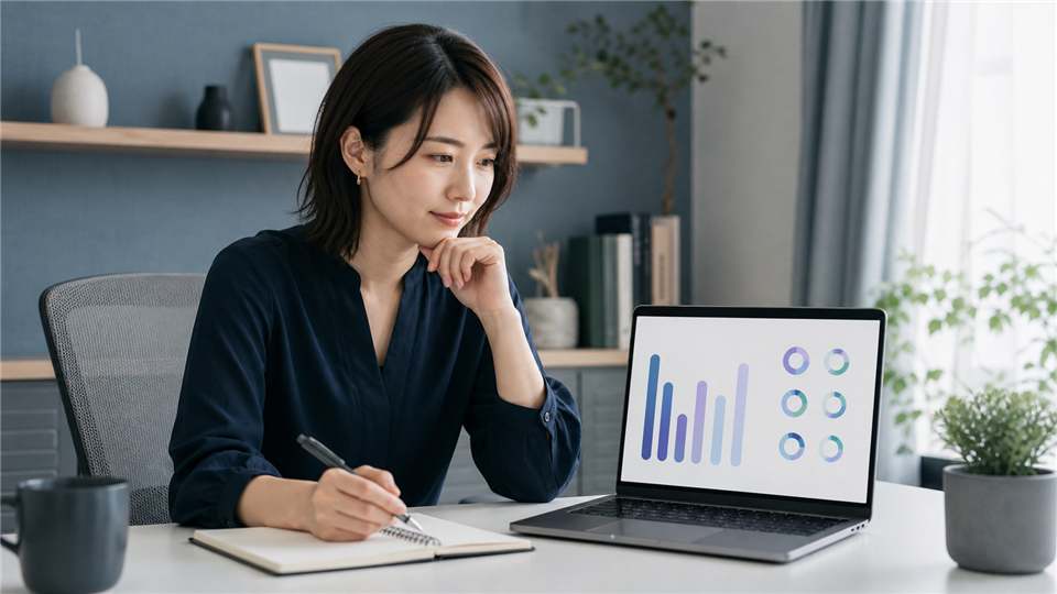 CopilotのAI Credits料金と月間利用量をノートPCで確認する日本人女性