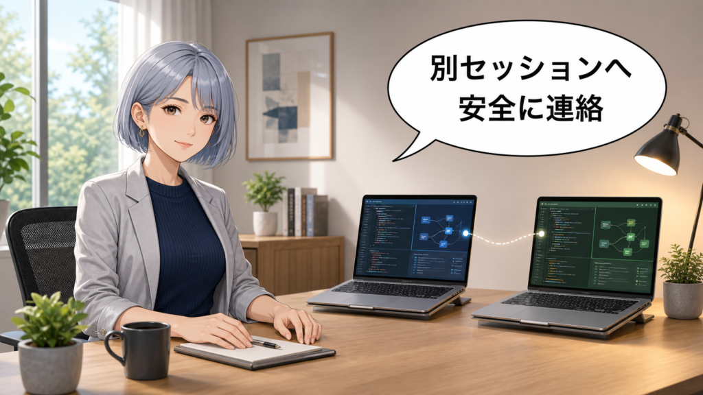 Claude Codeの独立した2つのセッションへ安全に連絡するアニメ女性