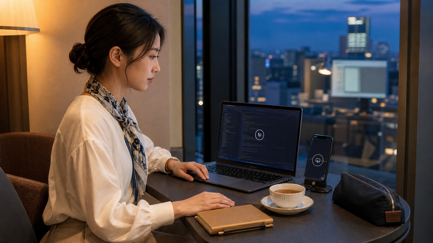 ホテルラウンジで別マシンのClaude Codeを確認する女性