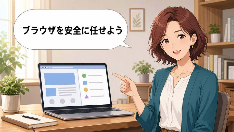 Claude Coworkブラウザへ安全に作業を任せる女性のイラスト