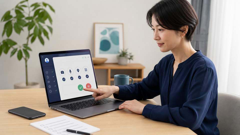 AIブラウザの権限と安全確認を行う日本人女性