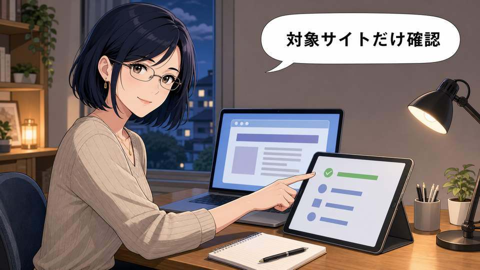 Claude Coworkブラウザへ対象サイトを限定して依頼する女性のイラスト