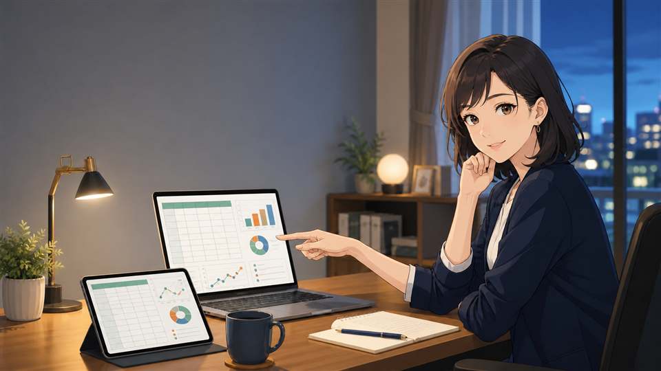 CopilotでExcelのPython分析を確認する日本人女性のイラスト
