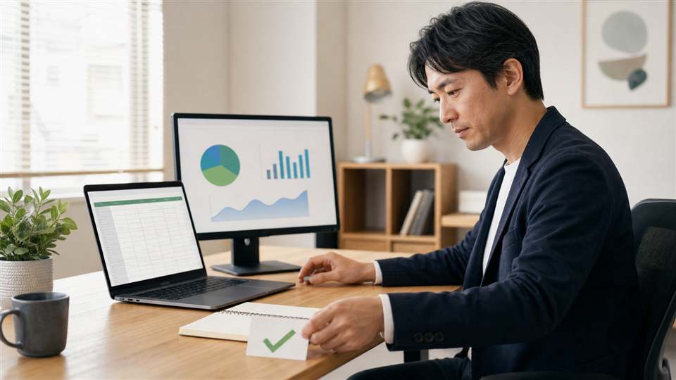 Excelの表とグラフを見ながら利用条件を確認する日本人男性