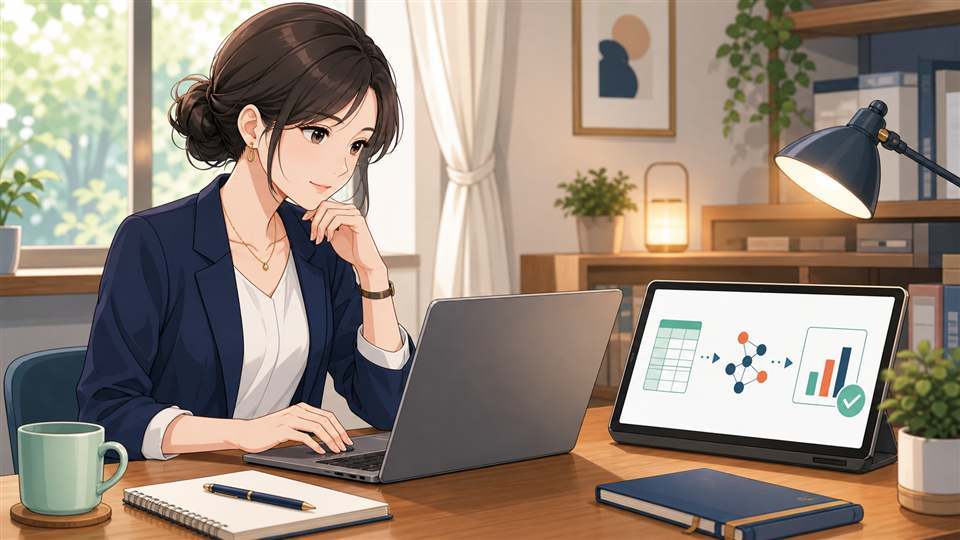 ExcelデータをPythonで分析して結果を確認する手順のイラスト