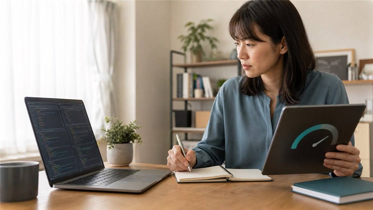 長いコードとAI Creditsの使用量を見比べる日本人女性