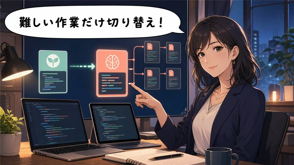 難しいコーディング作業だけ高性能モデルへ切り替える女性のアニメ画像