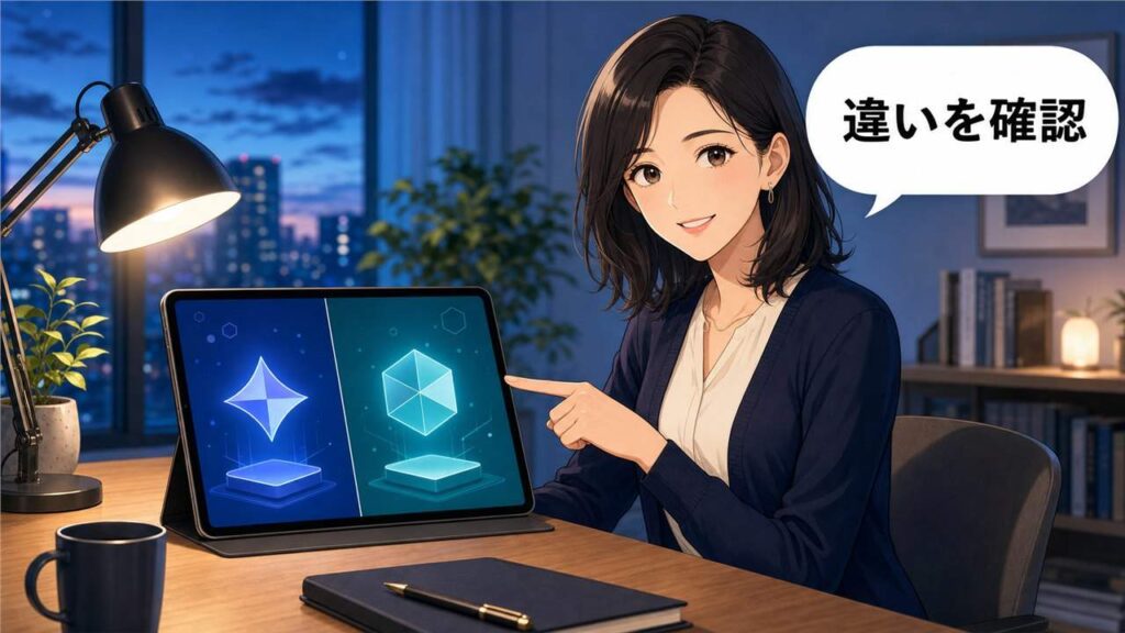 Gemini 3.6と3.5の違いを2つのモデル図で比較するアニメ女性