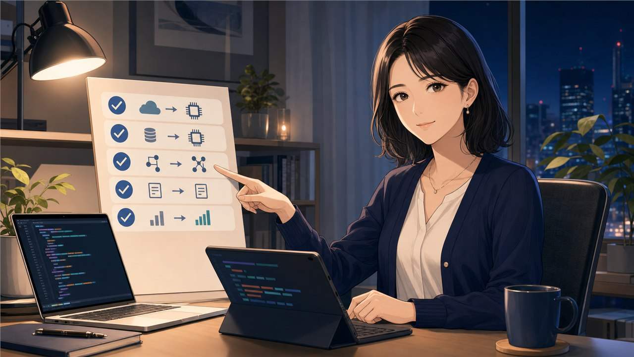 Gemini APIのモデル移行チェックを説明するアニメ女性