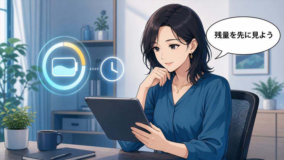 Gemini Notebookの使用量と回復時刻を確認する女性のイラスト