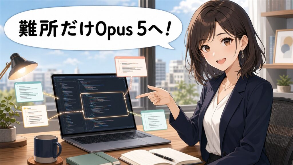 Copilotで難しいコード作業だけClaude Opus 5へ切り替える方法を紹介する女性のアニメ画像