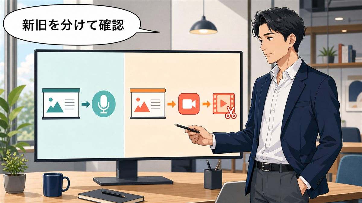 Googleスライドの新Vids録画と従来録画を比較するイラスト