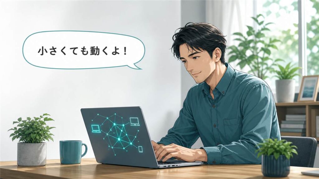ノートPCでLFM2.5-2.6Bを試す日本人利用者のイラスト