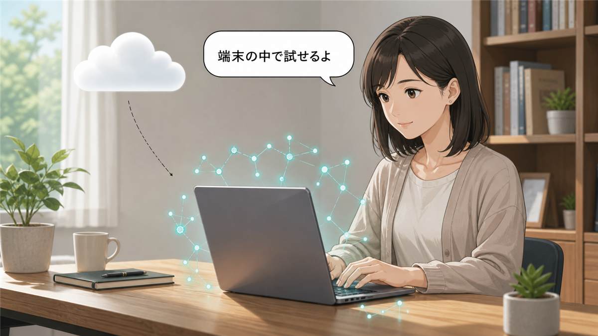 端末内でLFM2.5-2.6Bを利用する場面のイラスト