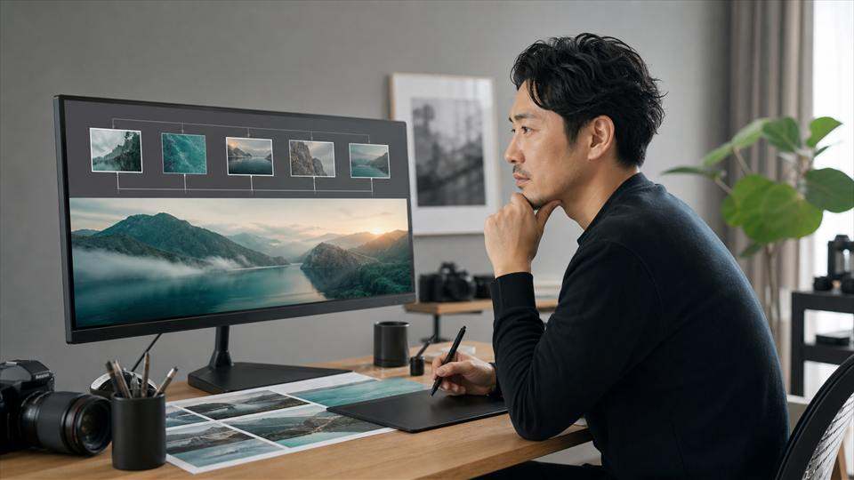 複数の参照画像から横長キャンバスへ広げる日本人男性デザイナー
