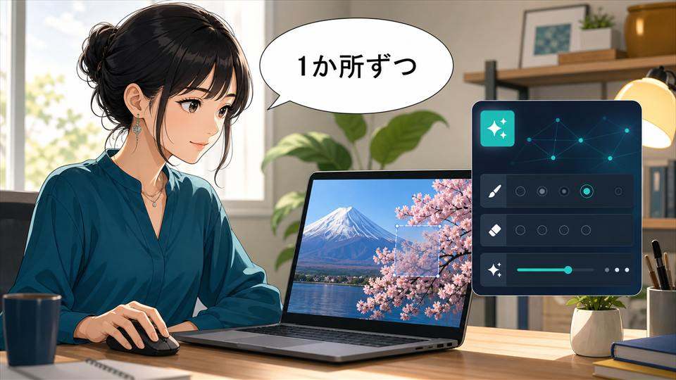 MidjourneyのWeb Editorで一か所ずつ画像を直す女性のイラスト