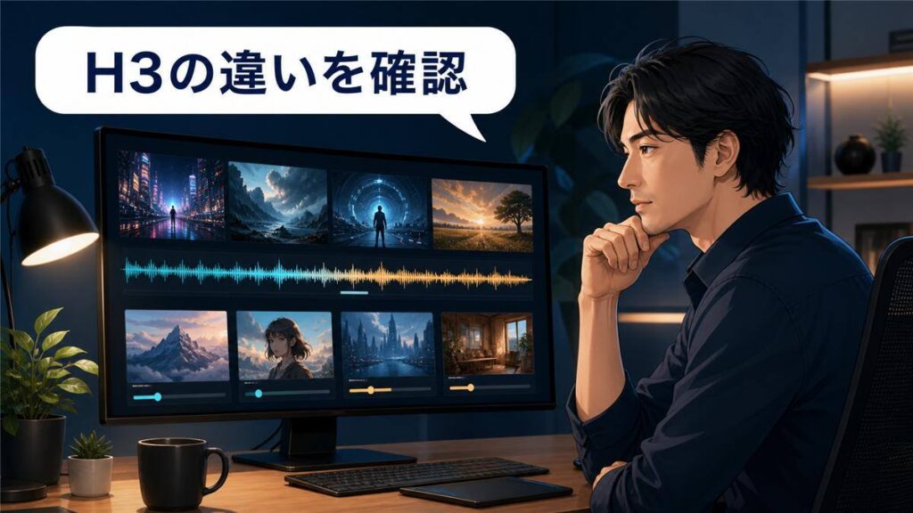 MiniMax H3の違いを確認する日本人動画制作者のイラスト