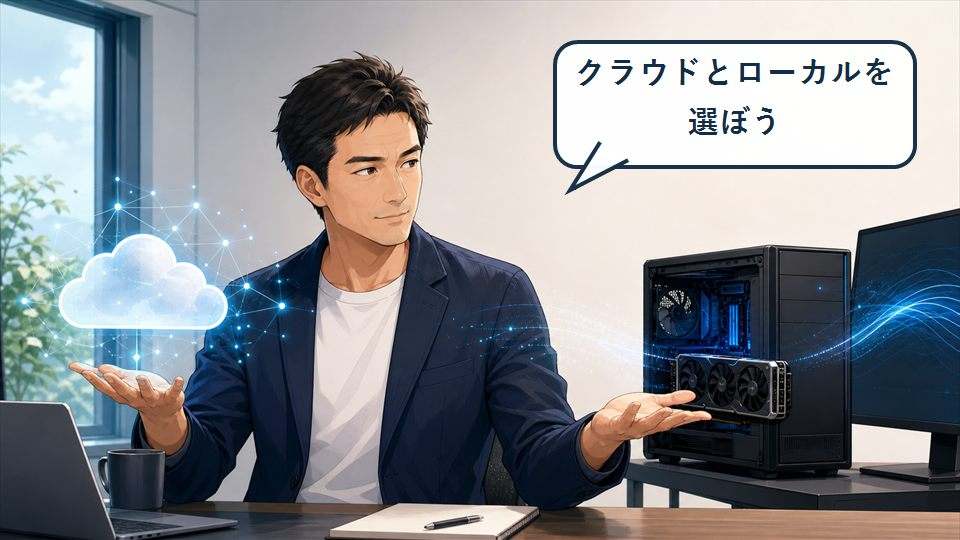 Qwen3.8-Flash-Nextのクラウドとローカルを比較する男性のイラスト