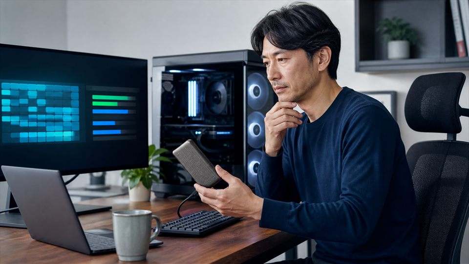 大容量AIモデルの保存先とメモリ条件を確認する日本人男性