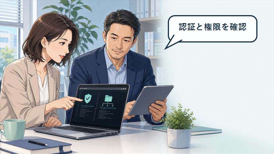 Qwen Codeの認証と実行範囲を確認する二人のイラスト