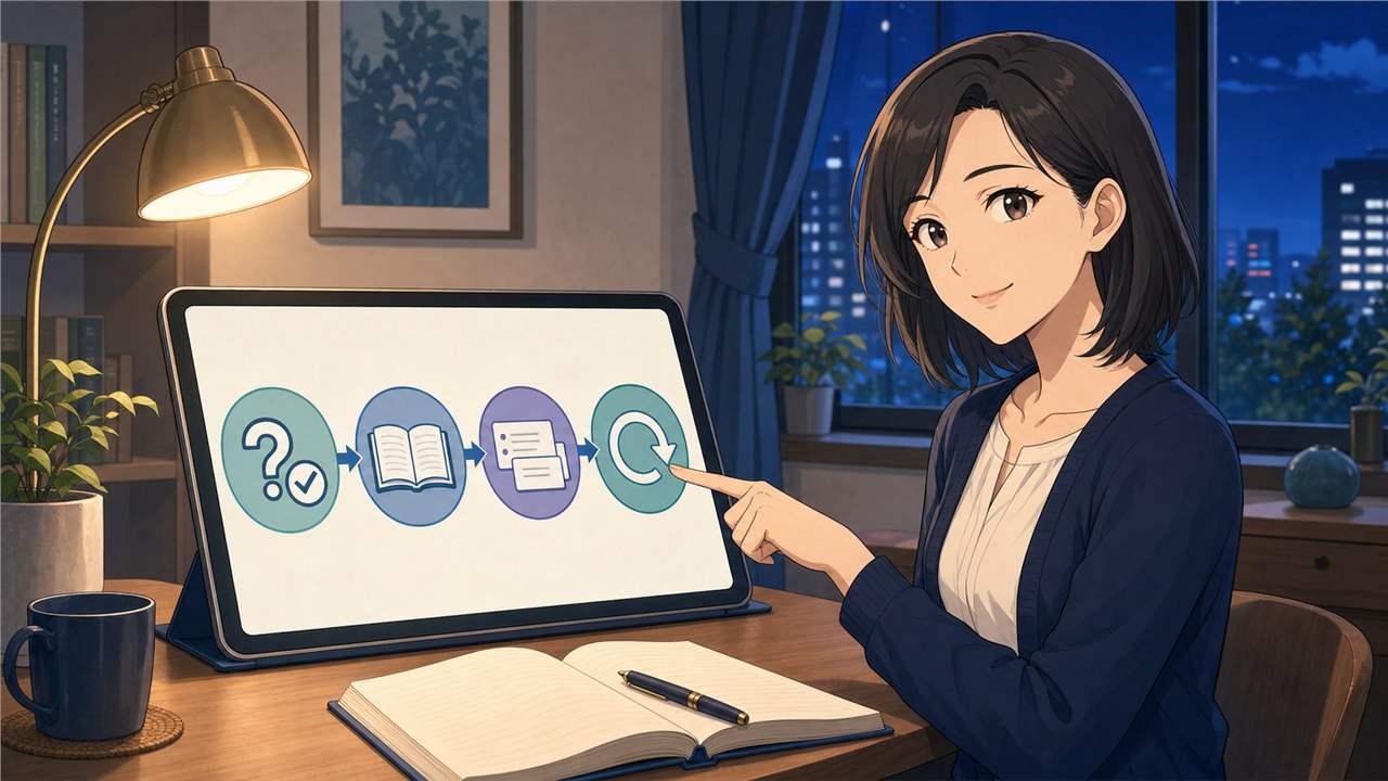 診断からレッスンとクイズと復習の流れを示すアニメ女性