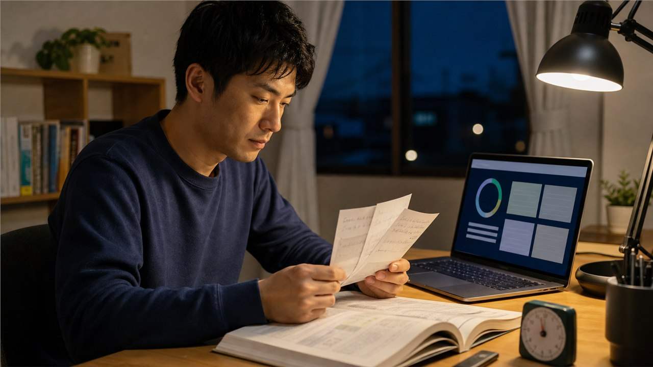 Gemini学習ノートブックの進捗を見ながら復習する日本人男性