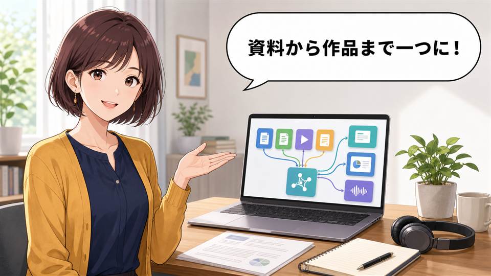 YouMind AIで資料から記事やスライドなどの成果物を作る流れを紹介する女性のアニメ画像