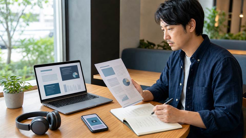 YouMind AIへ入れるPDFや動画メモなどの調査資料を整理する日本人男性