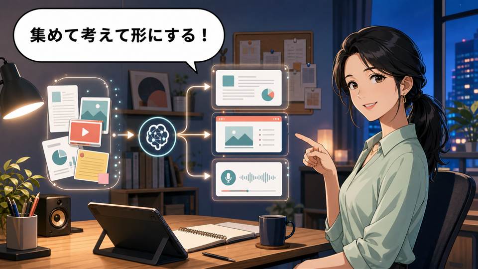 YouMind AIで集めた資料をレポートや画像や音声の成果物へ変える女性のアニメ画像