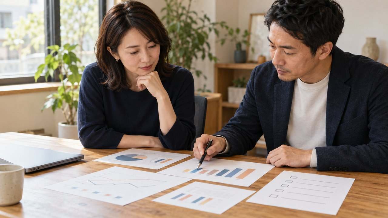 会議用のグラフとチェックリストを二人で確認する日本人の仕事風景