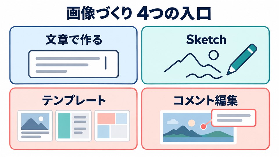 ChatGPT画像作成の文章、Sketch、テンプレート、コメント編集という4つの入口